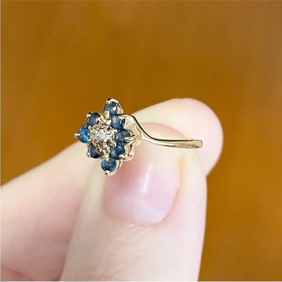 14K Natural Sapphire Diamond cluster pyramid dark blue yellow gold ring - Picture 8 of 10